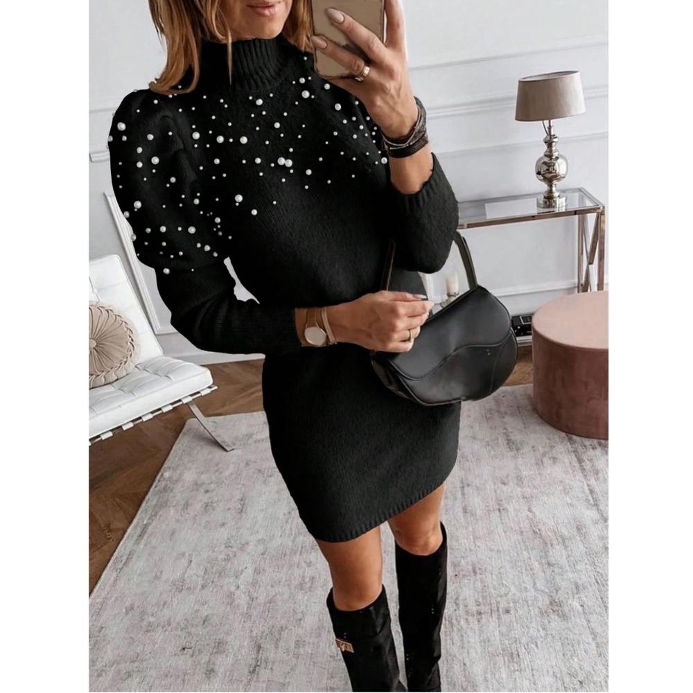 Black Sweater Short Mini Dress Faux Pearl Embellished Long Sleeve